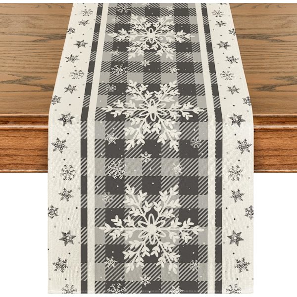 Sølv Buffalo Plaid Snefnug Julebordløber, Sæsonbestemt Vinter Køkken Spisebord Dekoration til Fest Dekoration 13x90 Tommer