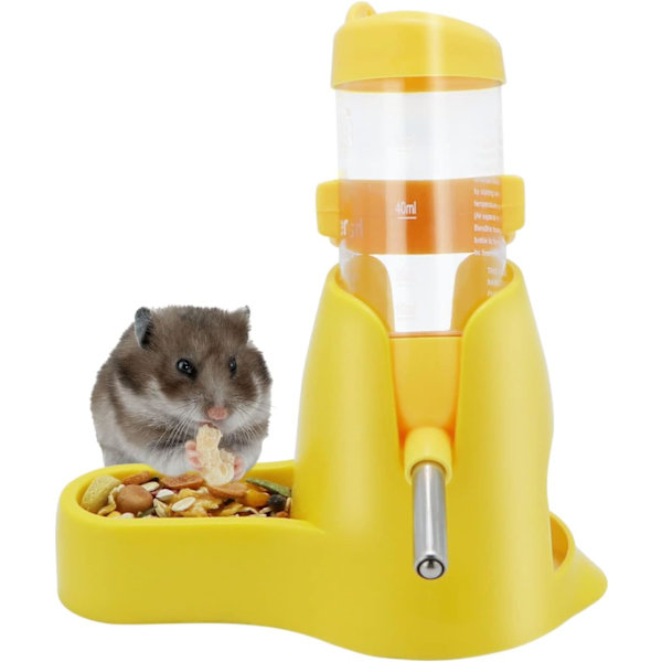 3-in-1 Hamsterin riippuva vesipullo lemmikkieläinten automaattinen annostelija pohjalla kääpiöhamsterille, hiirille, rotille ja siileille (80 ml, keltainen)