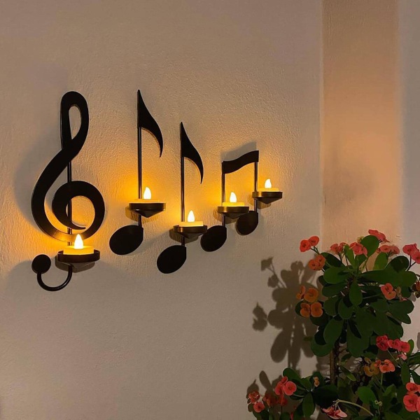 4 stk musikknote lysestake, svart musikknote Vegglampe Jern lysestake dekorasjoner, telys stearinhylle, hengende veggskilt musikkdekor