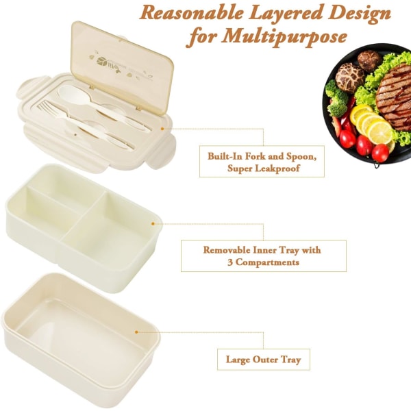Lunchlåda, matbehållare med 3 fack och set, BPA-fri, mikrovågs- ​​och diskmaskinssäkra måltidsförberedelser - Khaki Khaki