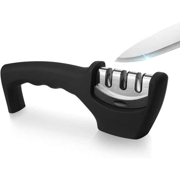 Køkkenknivsliber - Professionelle 3-trins manuelle slibere - Ergonomisk håndtag og skridsikker base - Sikkert slibeværktøj , sort