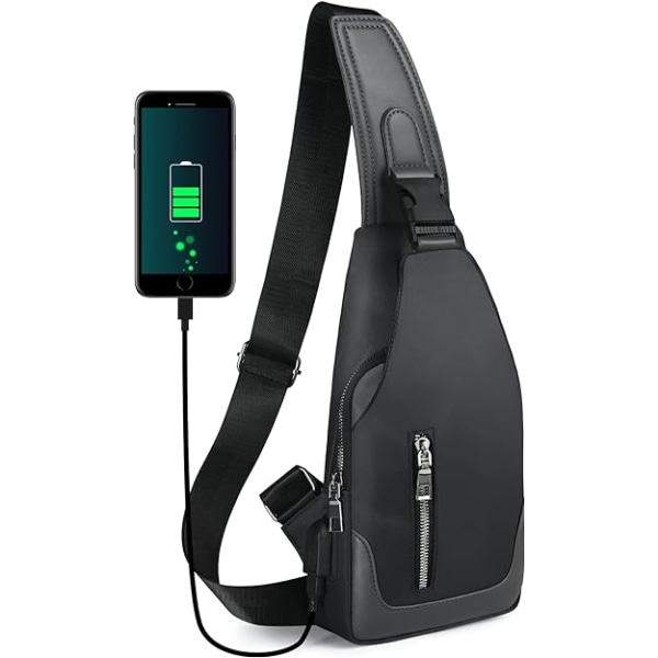 Skuldertaske, Brysttaske med USB-opladningsport, Letvægts Crossbody til Mænd Kvinder Til Vandreture, Cykling, Rejser, Shopping（Sort） Black