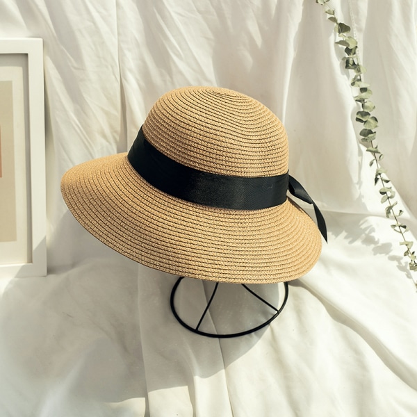 Dame Sommer Halm Hat Sol Hat UV Beskyttelse Strand Cap Foldbar Visir Floppy Hat Bred Skygge med Rem Bue khaki