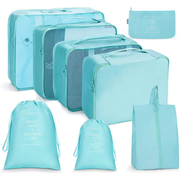 8-delt kuffert arrangør rejsetøj tasker sæt, pakning terninger kuffert organizer tasker rejse sæt, rygsæk pakning terninger til ferie blue