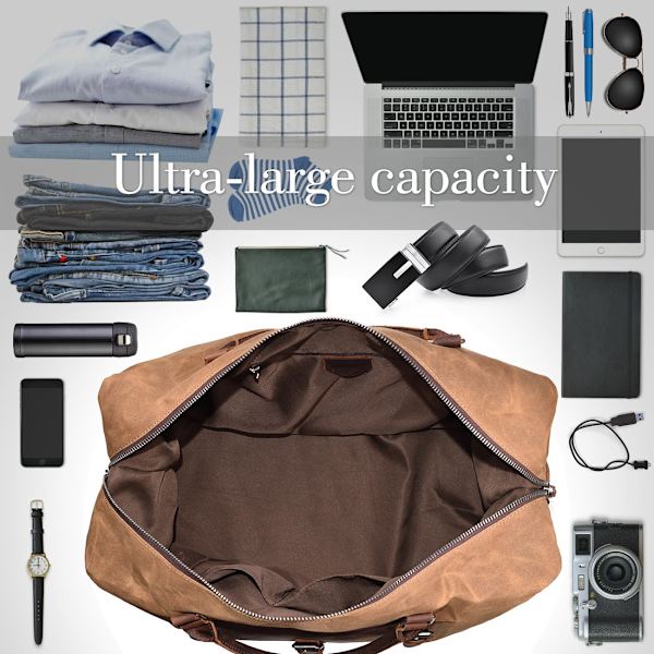 Herre Reiseveske i Lær, Weekendbag, Vanntett Stor Canvas Holdall Campingbag (Brun)