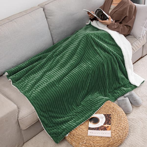 Kælen blød tæppe, tykt tæppe, lammetæppe, sengetæppe, stribet fluffy blødt tæppe, sofatæppe, sofatæppe til seng, sofa, stue green
