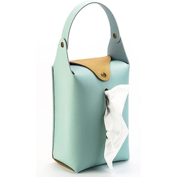 Hængende Tissue Box Pu Læder Bil Tissue Holder Bærbar Serviet Box Cover med Snap til Bil Badeværelse Køkken(Søgrøn) Blue