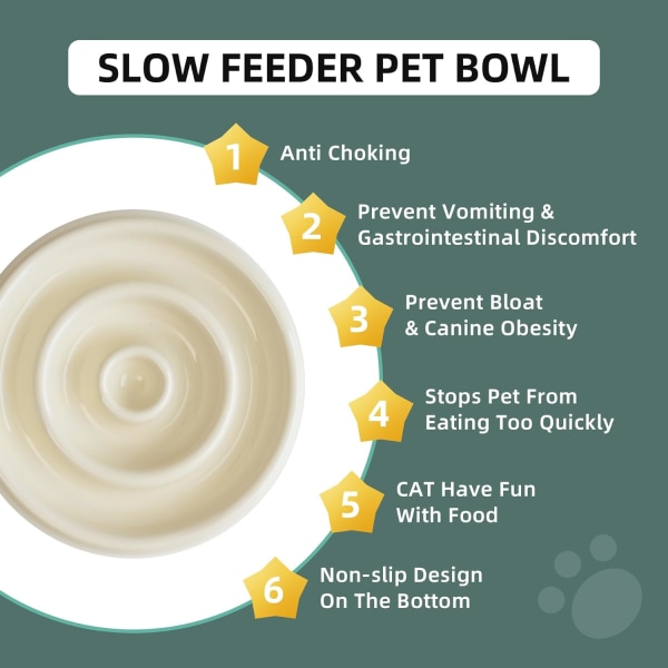 Keramisk Slow Cat Feeder Bowl, Upphöjd Slow Cat Food Bowl, Upphöjd kattskål med träställ, cirkelform (1 x Skål med Stativ - Kräm, 15,5 cm) Beige