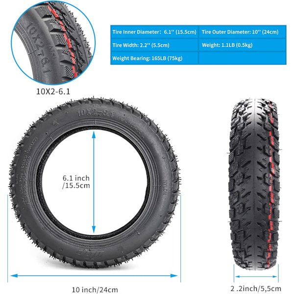 10 x 2-6.1 Dekk Slangeløst for Xiaomi M365/Pro/Pro2/1S/Lite/3 El-Scooter 10 Tommer Hjul Erstatningshjul for Scootere