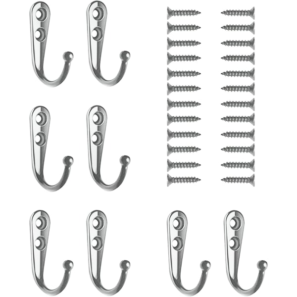 Klädkrokar, 8 st väggkrokar för upphängning, metallkrokar för väggmontering med 24 skruvar, för badrum, sovrum, kök, baksida av dörrhatthylla (silver) silver