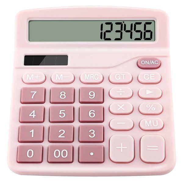 Miniräknare, 12-siffrig skrivbordsräknare med stor skärm och stor knapp, solcellsbatteri Dual Power Office Miniräknare (rosa) Pink