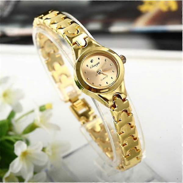Damklocka med armband, Mujer Golden Relojes, Liten Urtavla, Kvarts, Fritidsklocka, Populär Armbandsur, Timme, Kvinna, Dam