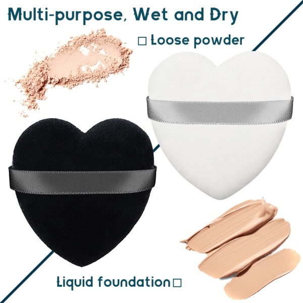 2st Powder Puff Hjärtformad Makeup Puff, Mjuk & Återanvändbar Sammet Makeup Svamppuffar med rem (svart+vit)