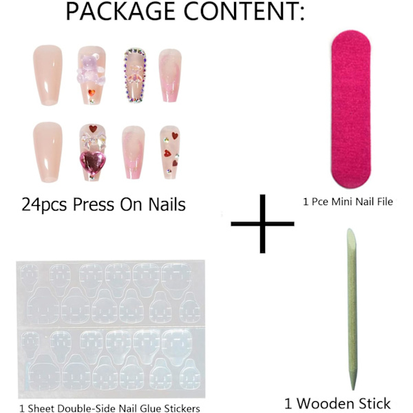 Nude Heart Press på negler Medium Akryl Press på falske negler, 24 stykker falske negler Glossy Full Cover falske negler med neglelimflik Stick på negler