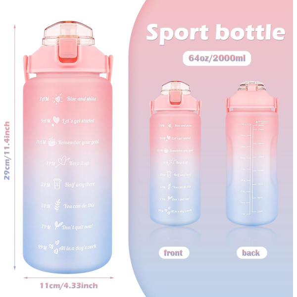 2000 ml flaske, motivationsvandflaske, vandflaske med sugerør og motivationstidsmarkør