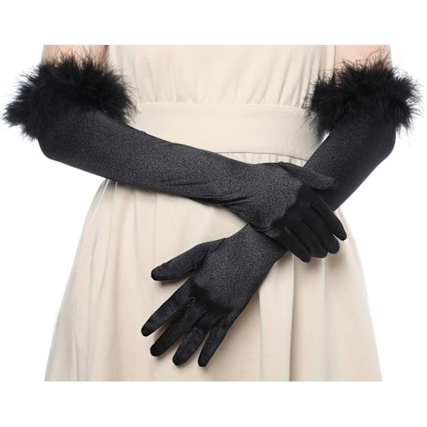Dam Svart Fjäderhandskar Elegant 1920-tal Långa Afton Opera Handskar Halloween Häxkostym Handskar Maskeradkläder Handkläder Bröllop Brud Satin Handskar