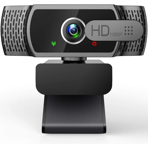 Webcam til pc med mikrofon - 1080P FHD-webkamera med beskyttelsesdæksel og webcam-beslag, Plug and Play USB-webkamera til stationær og bærbar konference