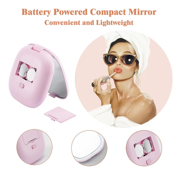 Kompakt spegel, 1X/5X förstoringsspegel med lätt liten resesminkspegel Bärbar LED-fickaspegel för handväska Pink