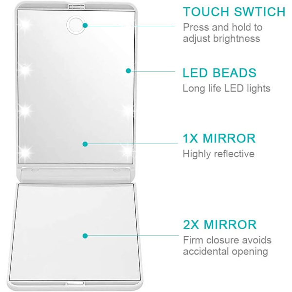 Kompakt speil - 1X/2X forstørrende naturlig dagslys LED, dimbar 8 LED-lys bærbar sammenleggbar reisespeil for lomme, veske, gave - hvit White
