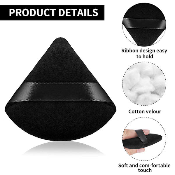 Triangle Puff 2 stk. til presset pudder, blød og genanvendelig foundationssvamp med strop, makeupsvamp perfekt til tør og våd makeup (sort, 70*65mm) Black