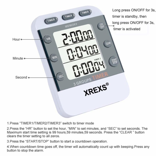Digital kökstimer magnetisk stoppur timer med klocka, magnet, 3-nivå volym, LCD-display för matlagning, sport, studier, 2 AAA-batterier