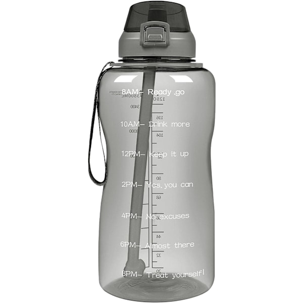 2L Vattenflaska Med Sugrör & Läckagesäker Flipplock, 2000ml Vattenflaska BPA-Fri Med Tidsmarkör Black