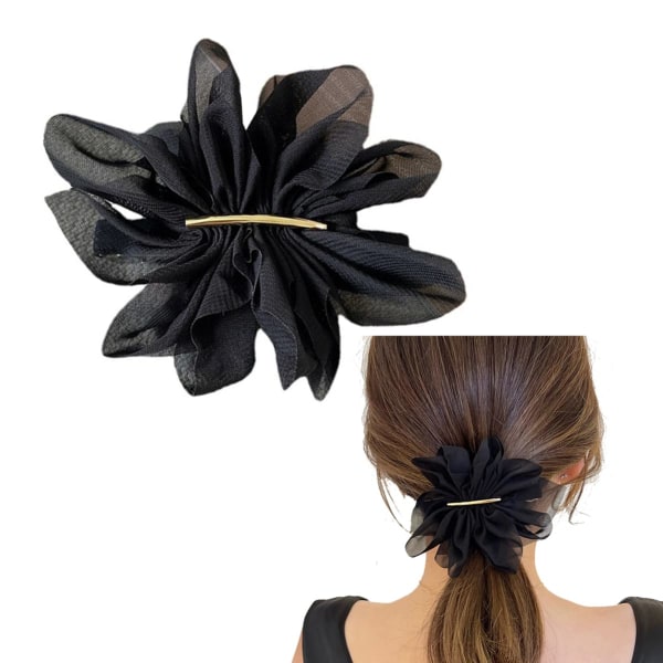 Hiusklipsit Yksivärinen musta väri kukka-hiusneula ranskalainen Barrette pehmeällä sifonkikankaalla naisten tytöille hiustukitarvikkeet, musta Black