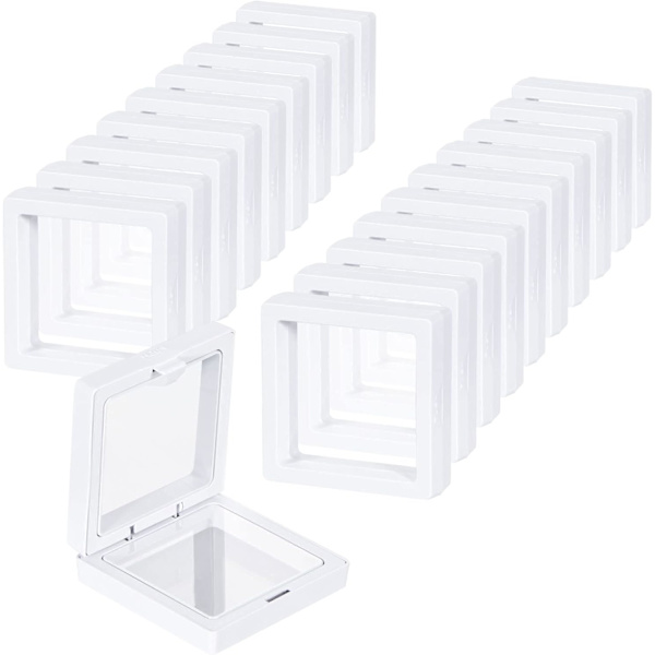 Myntvisningsram, Vit Flytande Ramvisningshållare Står, 20-pack Myntvisningsfodral, 2,8 x 2,8 x 0,8” Silikonmyntram