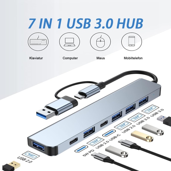 USB C 3.0 Hub, CRTEPST 7 i 2 Multiport Type C Hub Adapter med 1 USB 3.0/100W PD Laddningshubb och 4 USB 2.0 Kompatibel