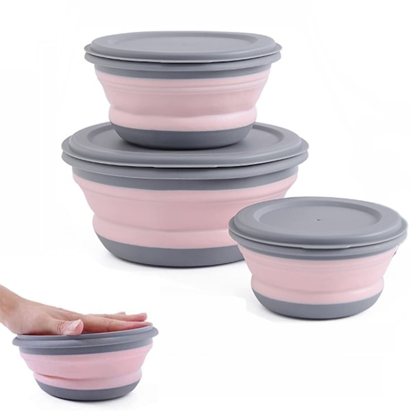 Hopfällbar Silikon Lunchlåda - Matförvaringsset - Picknick Ryggsäck Kök (Rosa)