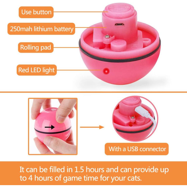 Kattelegetøjsbold Automatisk roterende rullende bolde, USB genopladeligt LED-lys Underholdning Pet motion Chaser Legetøj til killing hvalp (pink) Red