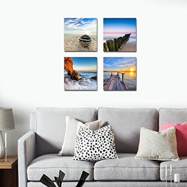 Seaview Modern 4-delad sträckt och inramad Seascape Giclee Canvas Prints Konstverk Landskap Ocean Sea Beach Bilder Målningar på Canvas Väggkonst