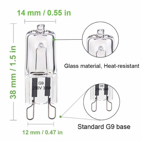 Pakke med 10 G9-pærer 33W varmhvit, halogen G9 for ovnstemperatur på 300°C, G9 filament kapselpærer 420LM 230V