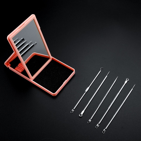 Blackhead Remover Tool Kit med förstorande case, paket med 5 Finnar, Whitehead & Blemish Popper, Fläck-, Zit & Pore Remover (rosa) Red
