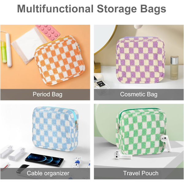 Sanitetsbindesförvaringspåse, Menstruationsbindesdragkedja Checkered Portable Period Bag Panty Liners, Tamponförvaringspåse-Blå