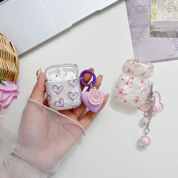 Compatible with AirPods 1&2 Case for Women Girls,Cute Hearts Shell Design Soft TPU Case with Keychain Anti-dust Shockproof Protective Cover