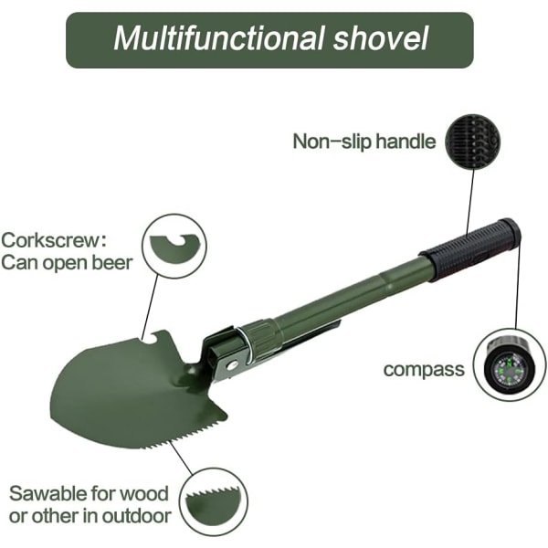 Camping Spade, Sammenklappelig Spade, Bærbar Mini Militær Overlevelsesspade med Hakke/Hacke/Sav/Åbner/Kompas, Multifunktionelt Værktøj til Camping