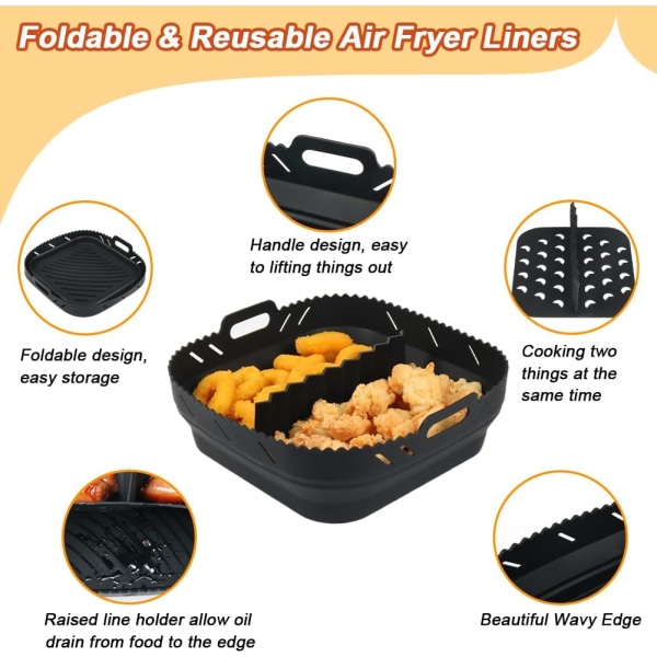 Silikon Air Fryer Liner med skillelinje for Air Fryer 5,7L, 8 tommer store Air Fryer Liners Square Air Fryer （Sort） Black