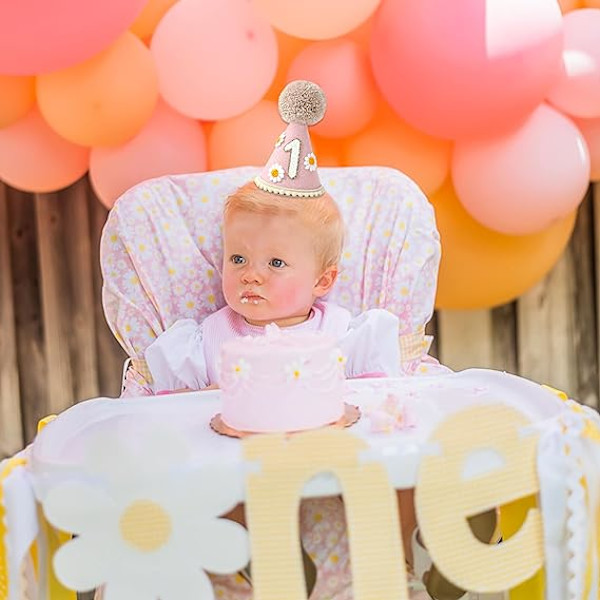 Första födelsedagshatt för bebis - 1-års kalasdekoration för bebisvisning, 1-års outfit flicka pojke, Daisy födelsedagshatt