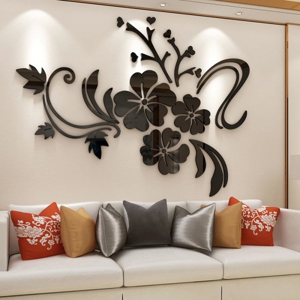 3D-seinätarra kukkia peili seinätarra kukkia tarra modernia taidetta seinäkoriste tarra olohuoneeseen eteiseen makuuhuone kodin sohvaseinä black
