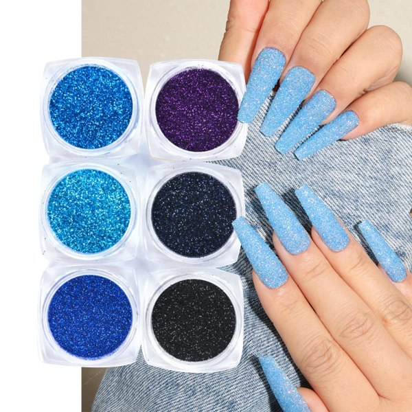 Holografinen Nail Glitter Charm 6 purkkia, värikäs sininen, musta, purppura Nail Art Powder Craft paljetteja pölylaser superhieno kosmeettinen puuteri kynsipigmentti