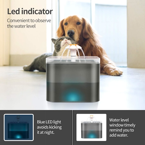 Vandfontæne til katte og hunde med LED, ultra-stille automatisk vanddispenser med 2L kapacitet og 3 aktiverede kulfiltre