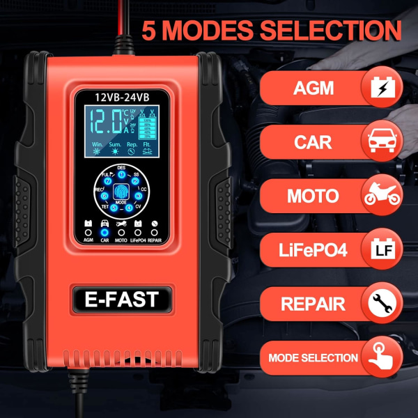 Intelligent batteriladdare, LiFePO4 batteriladdare för automatisk bil med LCD-display reparationsfunktion för bilmotorcykelbatteri
