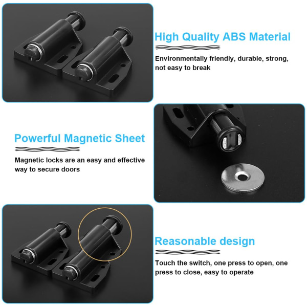 10 kappaleen pakkaus magneettisia työntöoven avaajia Magneettinen lukko Huonekalujousi Lukko Magneettinen suljin Työntö avattava magneetti Työntölukko Kaapin oville (Musta) Black