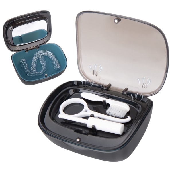 Hammasproteesilaatikko, case – set , pursut ja poistotyökalu mukana – peili kiinnitetty käyttömukavuuden vuoksi Black