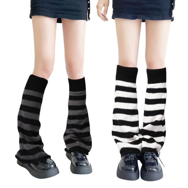 2 paria pitkien jalkojen lämmittimet, neulotut talven thermal Punk Knee High Sukkahousut Saappaat Mansetinlämmitin naisille, tytöille (45 cm) black strips,white strips