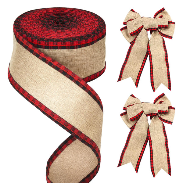 63 mm trådbundet säckvävsband, 9M plädat säckband, naturligt rött Ginghamband, julbuffelplädband, hantverksrutigt band Red black 63mm