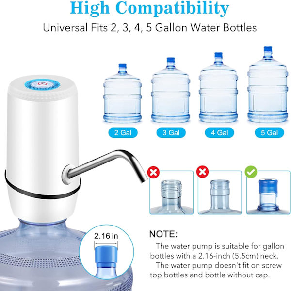 5 Gallon Vann Dispense, Elektrisk Drikkevannspumpe Automatisk Bærbar Vannkanne Pumpe for 5 Gallon Flaske - Hvit
