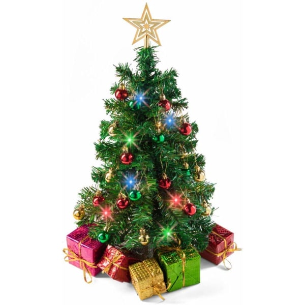 Bordjuletre (stativ) med LED-lys i flere farger (UK-plugg), Star Treetop og 5 gaveesker, små juletredekorasjoner