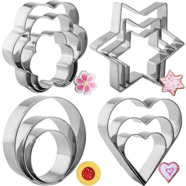 12 stk kakeform i rustfritt stål, hjerte, blomst, rund, stjerneform, kakeform i metall for kjøkkenbaking, bursdag